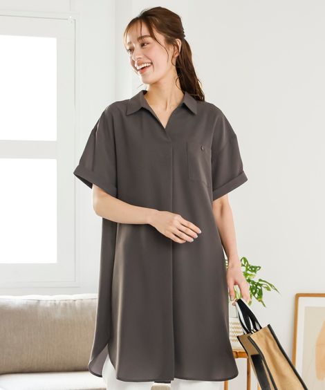 ＼クーポン有／トップス 大きいサイズ　しわになりにくい5分袖とろみ素材ゆるシャツチュニック　お手入れ