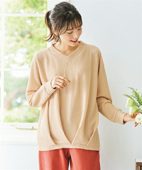 トップス 大きいサイズ　うねうねカットソーフロントタックトップス 20代30代40代50代 スマイルランド smilelandプチプラ 低価格 オフィスカジュアル 通勤 シンプル