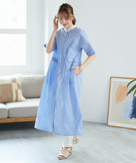 ワンピース 大きいサイズ ウエスト切替綿混シャツワンピースレディース 春夏秋 体型カバー ぽっちゃり L-10L