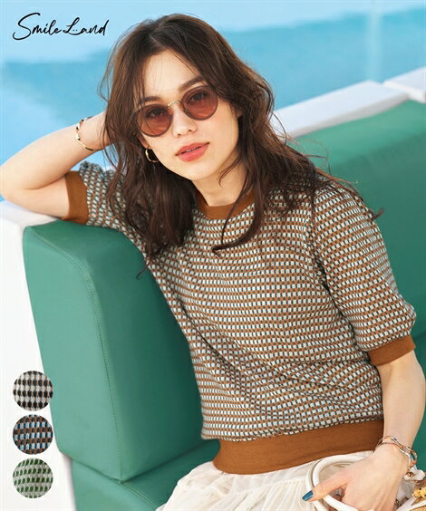 トップス 大きいサイズ　5分袖ハニカムジャガードカットソートップス