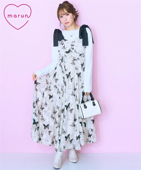 ワンピース 大きいサイズ バタフライ×花柄デザインキャミソールワンピース marun
