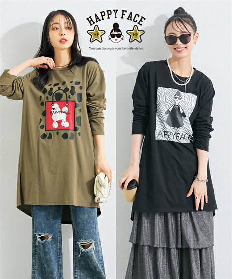 \クーポン有/トップス <大きいサイズ>HAPPY FACE ルーズサイズプリントチュニックレディース 大きいサイズ 20代 30代 40代 50代 春 夏 秋...