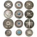 コンチョ ボタン 12個セット ねじ式 アンティーク シルバー 20mm〜33mm ターコイズ 唐草 インディアン 龍 五芒星 さくら レザークラフト 財布 手...