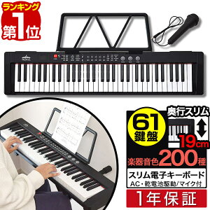 【楽天1位】 RiZKiZ 電子キーボード 61鍵盤 スリムタイプ 選べるスタンド＆チェア/カバーセットも 電子ピアノ シンセサイザー AC/乾電池駆動 持ち運び 楽器 練習 初心者 入門用 練習モード 音楽 演奏 子供 61鍵盤電子キーボード マイク付き 1年保証 ■[送料無料]