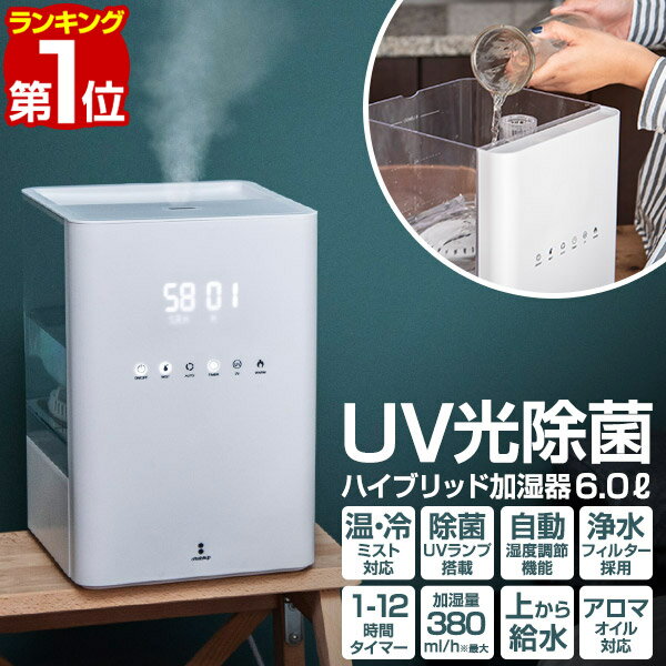 【楽天1位】加湿器 UV除菌 ハイブリッド加湿器 上から給水 大容量 6L スチーム 加熱式/超音波式 超音波加湿器 自動湿…