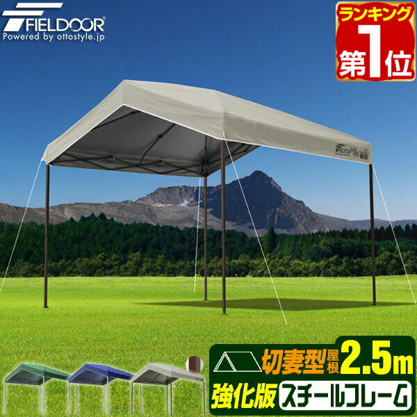 【楽天1位】ワンタッチタープテント 2.5m×2.5m 三角 切妻屋根 頑丈 スチール 強化フレーム テント タープ 250cm ワンタッチテント ワンタッチタープ 大型 UV加工 撥水 日よけ 正方形 切妻型タープテント FIELDOOR イベントテント 1年保証 ■[送料無料]