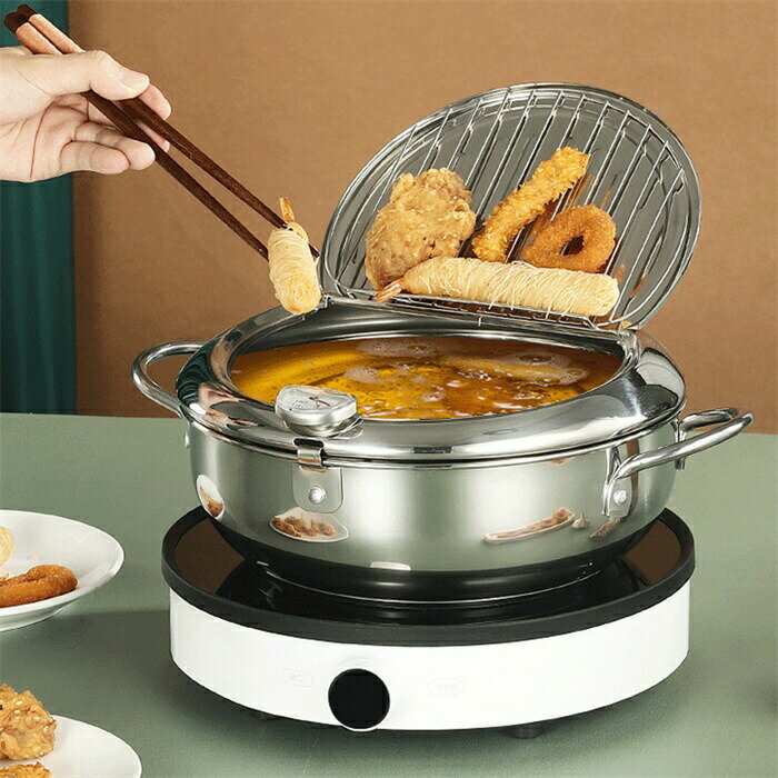 天ぷら鍋 304ステンレス てんぷらなべ 揚げ物鍋 油鍋 両手鍋 揚げてお仕舞い天ぷら鍋 分解可能 蓋付き 温度計付 鍋つかみ 洗いやすい 省油 ガス コンパクト キッチン用品 新生活 家庭用 業務用