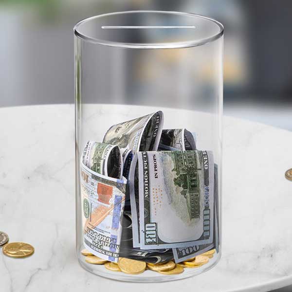 開かない貯金箱 クリア 筒形 Lサイズ 15cm×25cm 透明 開かない 貯金 中身が見える シンプル お洒落 お札 金 お金 大容量 500円 100円 小銭 硬貨 送料無料