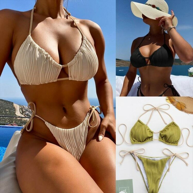 5色 ブラジリアン ビキニ 水着 レディース セクシー 紐ビキニ ホルターネック シャーリング マイクロビキニ パッド付き トライアングル かっこいい ヘルシー 個性的 リボン クール