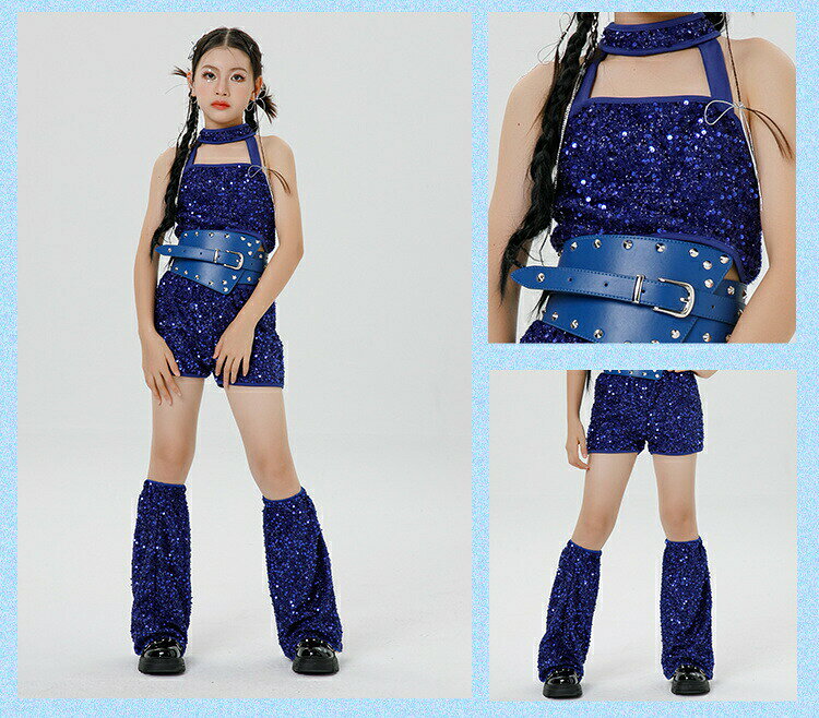 Rakuten - キッズ ダンス衣装 女の子 セットアップ 長袖トップス 光沢 ブルー パフスリーブ へそ出し ショートパンツ スパンコール キラキラ ジュニア K-POP 練習着 ステージ衣装 発表会 団体服 応援団 パフォーマンス ジャズ 可愛い オシャレ イベント服 ヒップホップ 120-170CM