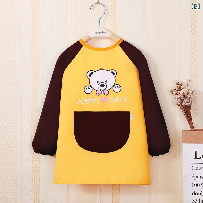 子供用エプロン 長袖 防水 スタイ 美術 絵画用 幼稚園 ベビー 食事 反射ロゴ ポリエステル カートーン 小熊柄 白 黒 黄