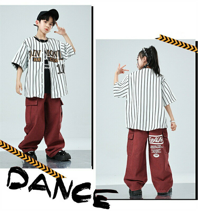 Rakuten - ストライプ キッズ ダンス ヒップホップ 女の子 男の子 赤ズボン ズボン 半袖 Tシャツ 長パンツ ダンス衣装 へそ出し ストリート系 ガールズ ジャッズ発表会 応援団 団体服 ゆったり カッコイイ jazz DJ K-POP オシャレ 110-180cm