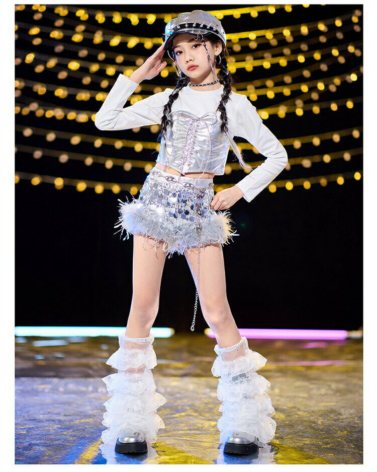Rakuten - ジャズ ガールズ ダンス衣装 キッズダンス 衣装 女の子 セットアップ シルバー スパンコール ショートパンツ HIPHOP ストリート キッズ服 キラキラ ステージ衣装 発表会 イベント 舞台 アイドル系 チーム衣装 110-180cm