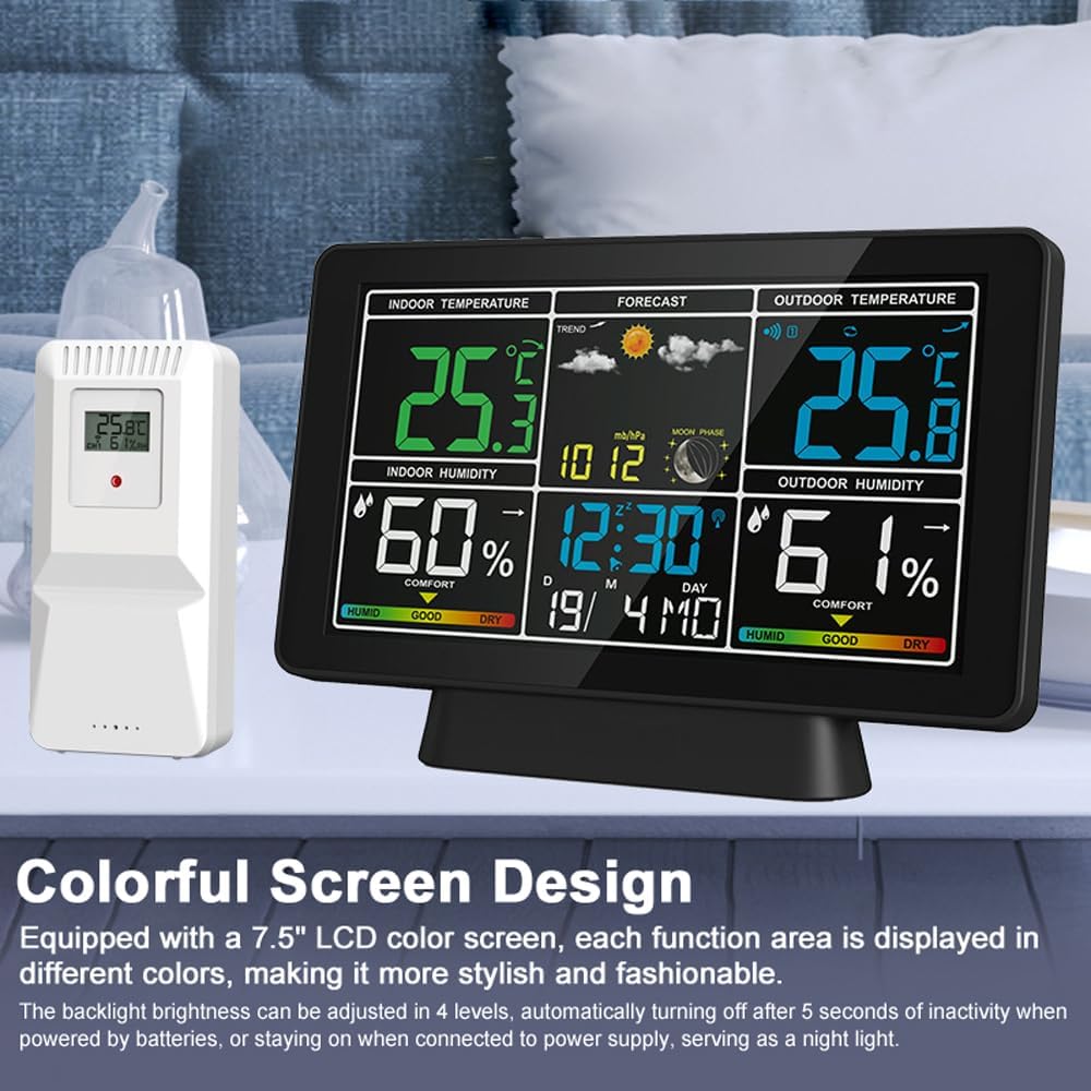 ウェザーステーション ウェザーステーション屋内 屋外ワイヤレス温度計温度と湿度モニター原子時計と調整可能なバックライト付き7.5インチカラースクリーン気圧計ムーンフェイズ付き天気予報時計