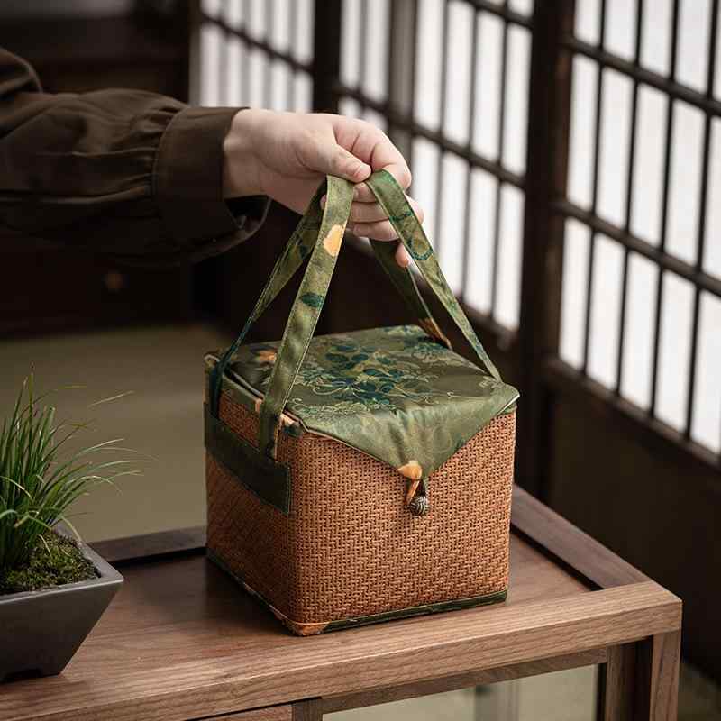 茶器セット 収納ケース 旅行用 ポータブル 籐編み 竹編み 布製 大容量 手提げ アウトドア ピクニック ..