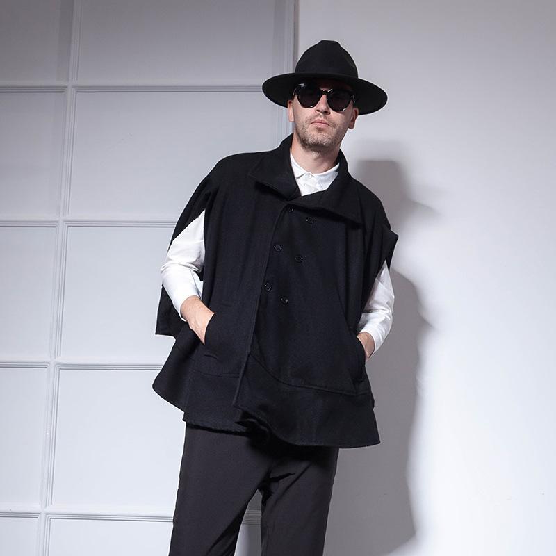 乐天商城 - コート メンズ 男性用 ダブルボタン ダブルブレスト ケープ ポンチョ マント バットウィングスリーブ コウモリ袖 ウールライク メルトン アクリル混 ゆったり オーバーサイズ ビッグシルエット カジュアル 欧米風 韓国風 秋冬 黒 ブラック