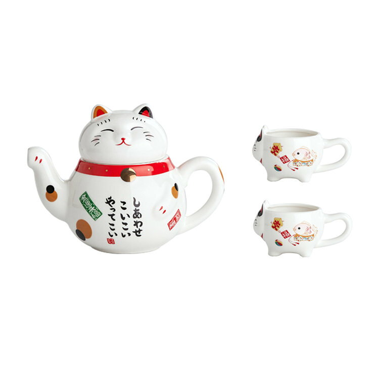 ティーポット セット 猫　コーヒーポット コーヒーカップ 3点セット　猫　かわいい　珈琲ポット　陶器/茶器/食器/お茶 茶道具/洋食器セット/ティーセット/ポット/家庭用/会社用/湯のみ/来客/お客様用/ギフト/贈り物/お祝い/プレゼント 2