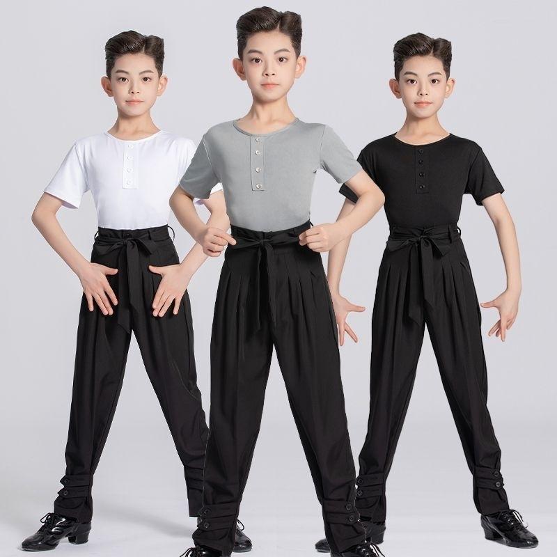 ダンス服 キッズ 男の子 ラテンダンス 練習着 レッスン着 トレーニングウェア 競技用 発表会用 長袖 半袖 竹原繊維 白 黒 グレー 体操 身体表現 検定用