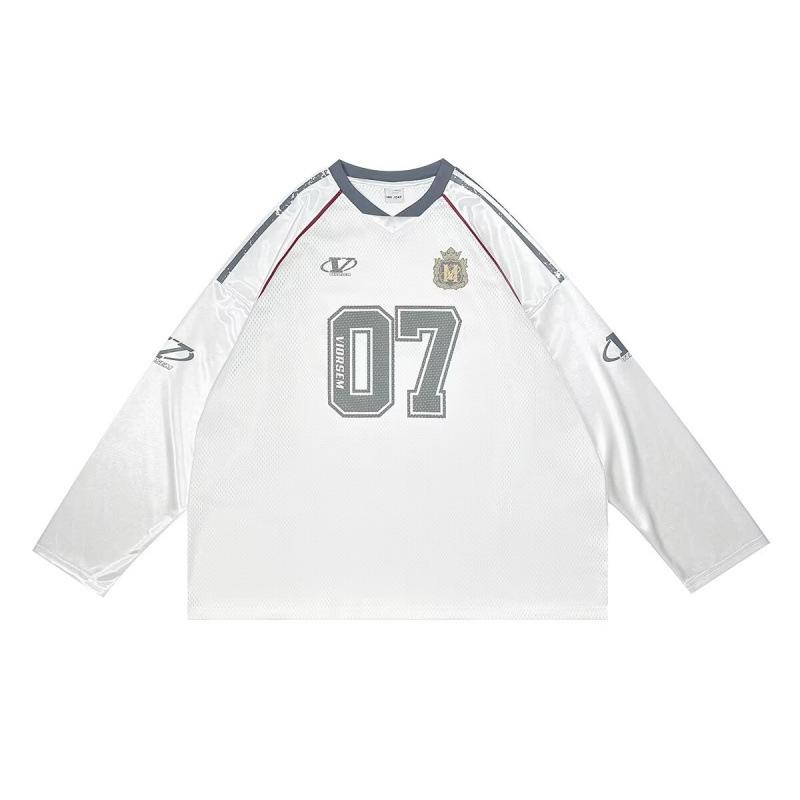 Rakuten - 長袖Tシャツ メンズ Vネック ユニフォーム風 ゲームシャツ ビッグシルエット オーバーサイズ ゆったり ヴィンテージ風 カジュアル ストリート プルオーバー シンプル スタンダード 定番 きれいめ ベーシック