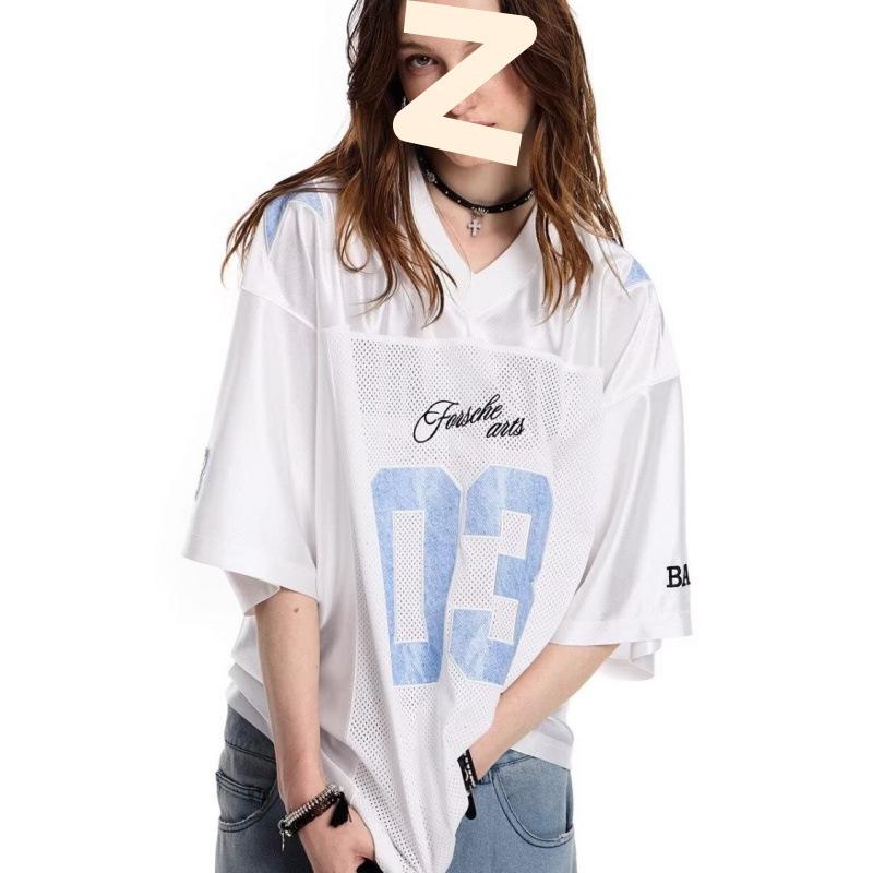 Rakuten - Tシャツ レディース ナンバリング メッシュ 半袖 ビッグシルエット カジュアル スポーツ ゲームシャツ ユニフォーム風 オーバーサイズ ロゴ プリント シンプル ベーシック リラックス 定番 ストリート スポーティー プルオーバー