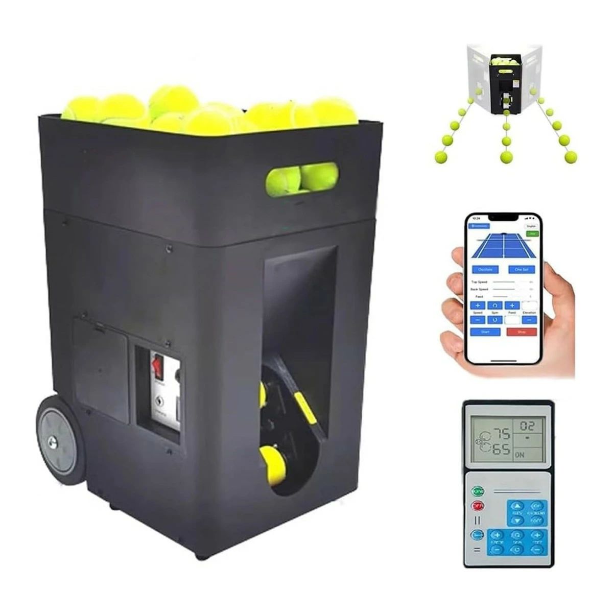 Rakuten - テニス自動球出し機 ソフトテニス 練習器具 テニスサーブ練習機 リモコン付き app制御 取っ手付 車輪付き マルチ角度球出し ボー
