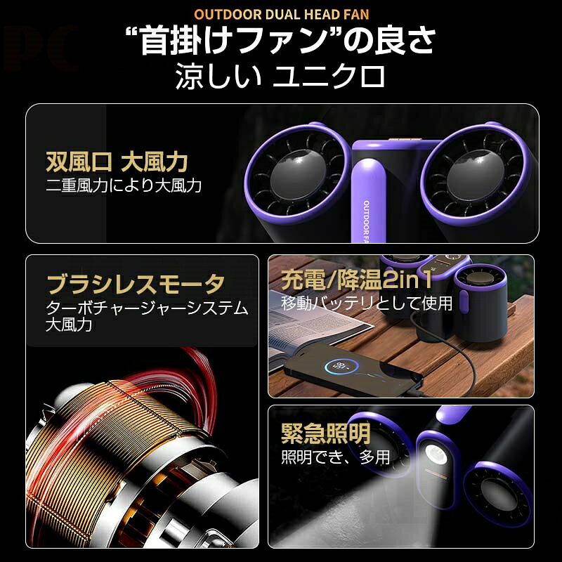 腰掛け扇風機 首掛クーラー 双風口 強力 冷風機 8000mAh大容量 3段階風量調節 角度...