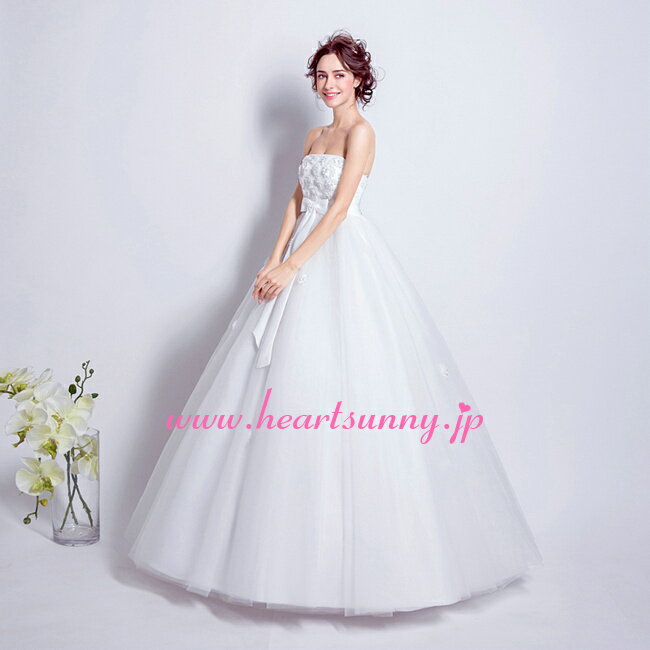 ウェディングドレス Aライン☆E060☆ベアバックビスチェ リボン 花飾り☆HeartSunny【RCP】サイズオーダーメイド/結婚式/披露宴/二次会/大きいサイズ/小さいサイズ/ロングウエディングドレス/パーティードレス/ブライダル/花嫁/格安/激安