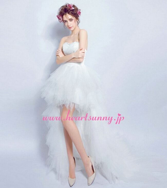 ウェディングドレス ミニ丈 トレーンのあるハイロードレス スパンコール飾り折り目ビスチェ 羽感じソフトチュール 編み上げ☆HeartSunny☆e288☆サイズオーダーメイド/結婚式/披露宴/二次会/大きいサイズ/小さいサイズ/ロングパーティードレス/ブライダル/花嫁