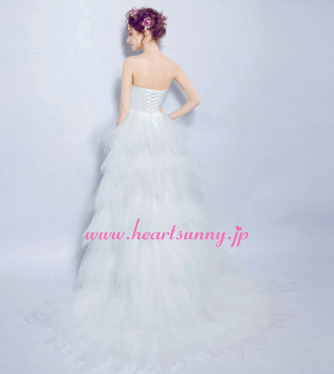 ウェディングドレス ミニ丈 トレーンのあるハイロードレス スパンコール飾り折り目ビスチェ 羽感じソフトチュール 編み上げ☆HeartSunny☆e288☆サイズオーダーメイド/結婚式/披露宴/二次会/大きいサイズ/小さいサイズ/ロングパーティードレス/ブライダル/花嫁