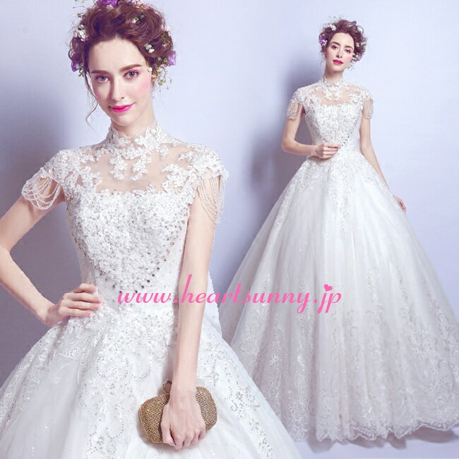 ウェディングドレス プリンセス ハイネックフレンチ袖 後ろ蝶結びリボン 編み上げ☆HeartSunny☆E504☆結婚式/披露宴/二次会/大きいサイズ/小さいサイズ/ロングウエディングドレス/パーティードレス/ブライダル/花嫁/格安/激安