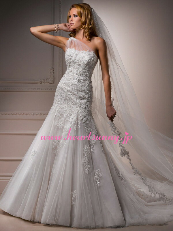 ウェディングドレス Aライン☆A036☆花柄レース 透明ストラップ ワンショルダー 編み上げ トレーン☆HeartSunny【RCP】サイズオーダーメイド/結婚式/披露宴/二次会/大きい/小さい/ロングウエディングドレス/パーティードレス/ブライダル/花嫁/格安/激安