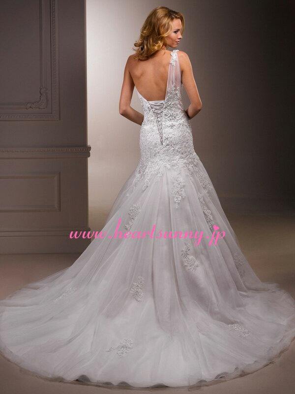 ウェディングドレス Aライン☆A036☆花柄レース 透明ストラップ ワンショルダー 編み上げ トレーン☆HeartSunny【RCP】サイズオーダーメイド/結婚式/披露宴/二次会/大きい/小さい/ロングウエディングドレス/パーティードレス/ブライダル/花嫁/格安/激安