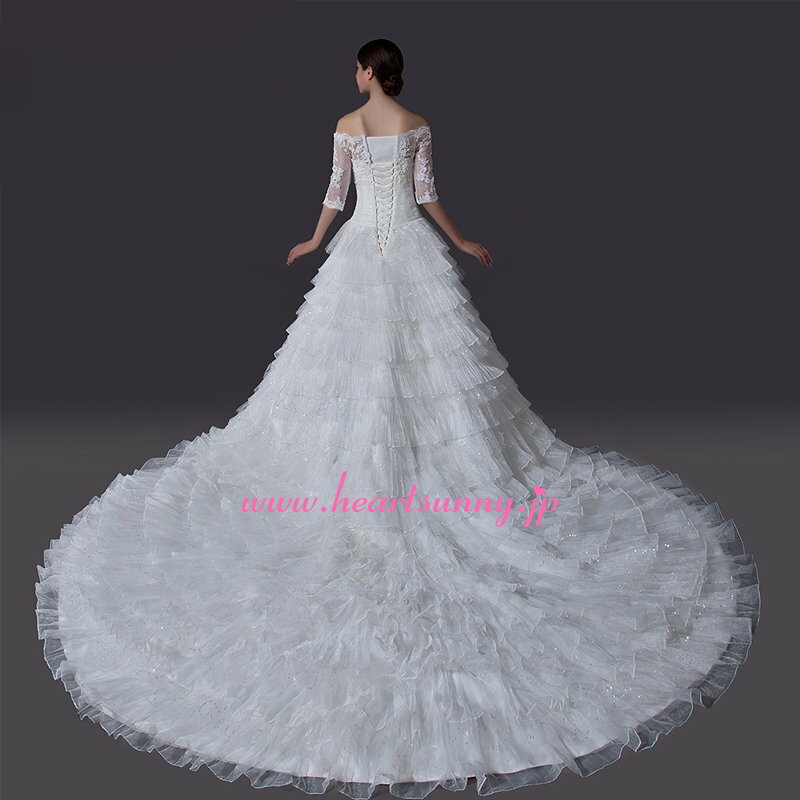 ウェディングドレス Aライン☆A088☆オフショルダー 5部袖 フリル 編み上げ トレーン☆HeartSunny【RCP】サイズオーダーメイド/結婚式/披露宴/二次会/大きい/小さい/ロングウエディングドレス/パーティードレス/ブライダル/花嫁/格安/激安