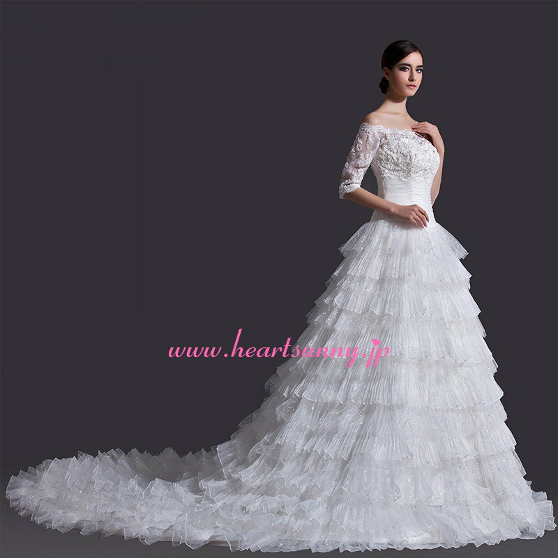 ウェディングドレス Aライン☆A088☆オフショルダー 5部袖 フリル 編み上げ トレーン☆HeartSunny【RCP】サイズオーダーメイド/結婚式/披露宴/二次会/大きい/小さい/ロングウエディングドレス/パーティードレス/ブライダル/花嫁/格安/激安