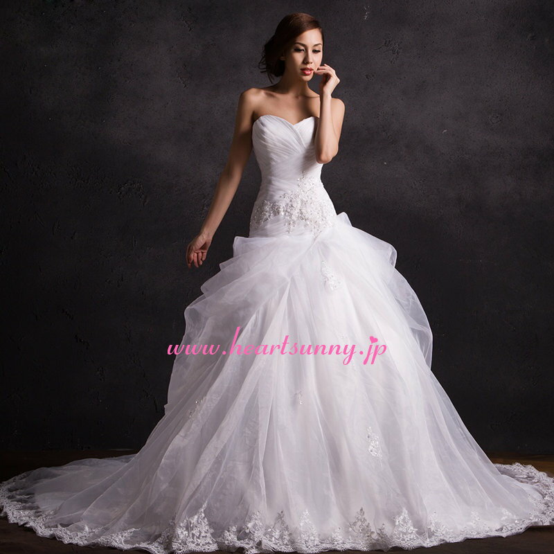 ウェディングドレス Aライン☆A091☆ハートネックビスチェ ビーズ 折り目 編み上げ トレーン☆HeartSunny【RCP】サイズオーダーメイド/結婚式/披露宴/二次会/大きい/小さい/ロングウエディングドレス/パーティードレス/ブライダル/花嫁/格安/激安