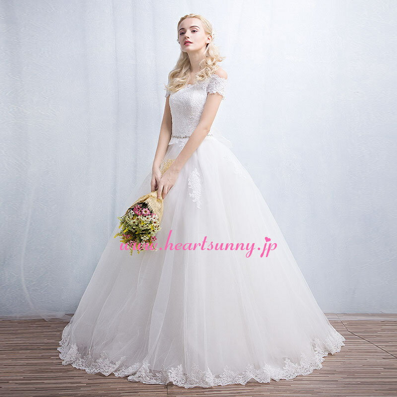 ウェディングドレス Aライン☆B126☆レースオフショルダー 後ろ蝶結びリボン付き 編み上げ☆HeartSunny【RCP】サイズオーダーメイド/結婚式/披露宴/二次会/大きい/小さい/ロングウエディングドレス/パーティードレス/ブライダル/花嫁/格安/激安