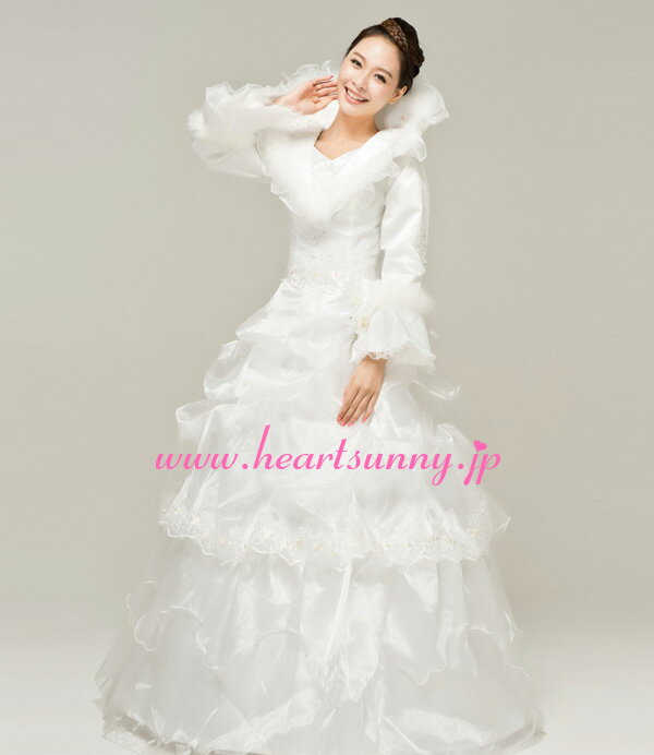ウェディングドレス Aライン☆E005☆フリル レース 手作り花 長袖☆HeartSunny【RCP】サイズオーダーメイド/結婚式/披露宴/二次会/大きい/小さい/ロングウエディングドレス/パーティードレス/ブライダル/花嫁/格安/激安