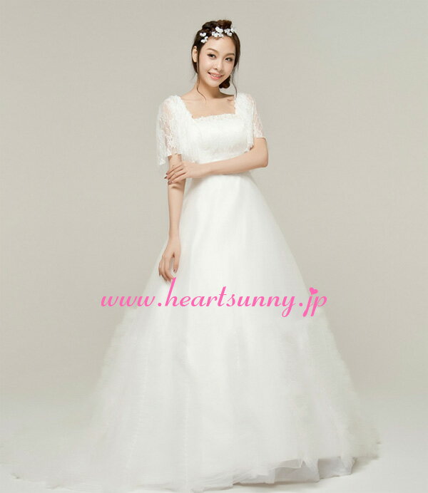 ウェディングドレス Aライン☆E006☆レース 5部袖 編み上げ トレーン☆HeartSunny【RCP】サイズオーダーメイド/結婚式/披露宴/二次会/大きい/小さい/ロングウエディングドレス/パーティードレス/ブライダル/花嫁/格安/激安