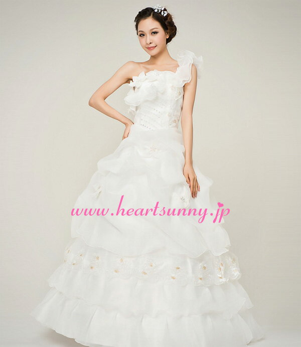 ウェディングドレス Aライン☆E016☆ワンショルダー 手作り花 フリル☆HeartSunny【RCP】サイズオーダーメイド/結婚式/披露宴/二次会/大きい/小さい/ロングウエディングドレス/パーティードレス/ブライダル/花嫁/格安/激安