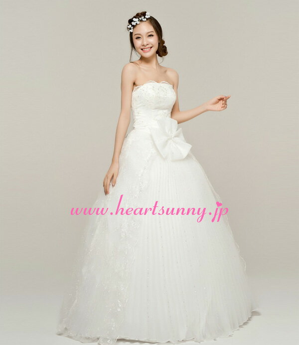 ウェディングドレス Aライン☆E032☆ビーズ飾りビスチェ 蝶結び 編み上げ☆HeartSunny【RCP】サイズオーダーメイド/結婚式/披露宴/二次会/大きい/小さい/ロングウエディングドレス/パーティードレス/ブライダル/花嫁/格安/激安