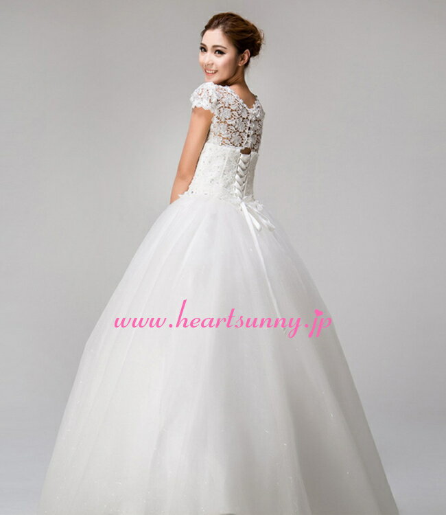 ウェディングドレス Aライン☆E052☆ストーン飾り丸ネックホローレースフレンチ袖 編み上げ☆HeartSunny【RCP】サイズオーダーメイド/結婚式/披露宴/二次会/大きい/小さい/ロングウエディングドレス/パーティードレス/ブライダル/花嫁/格安/激安