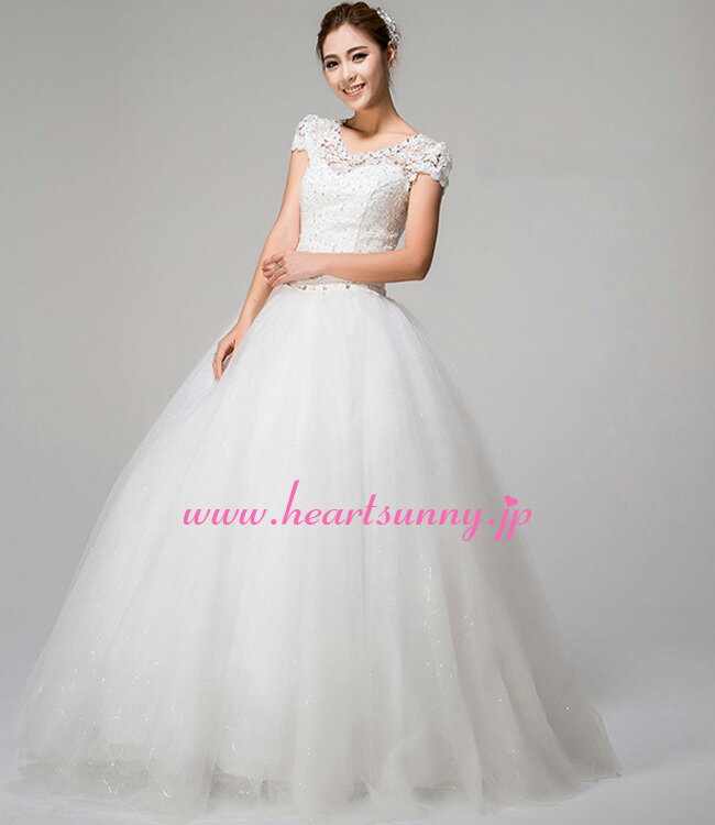 ウェディングドレス Aライン☆E052☆ストーン飾り丸ネックホローレースフレンチ袖 編み上げ☆HeartSunny【RCP】サイズオーダーメイド/結婚式/披露宴/二次会/大きい/小さい/ロングウエディングドレス/パーティードレス/ブライダル/花嫁/格安/激安