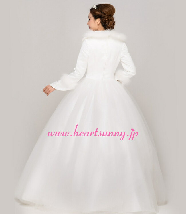 ウェディングドレス Aライン☆E054☆ファー付きハイネック 長袖 冬でも暖かい Vネック☆HeartSunny【RCP】サイズオーダーメイド/結婚式/披露宴/二次会/大きい/小さい/ロングウエディングドレス/パーティードレス/ブライダル/花嫁/格安/激安