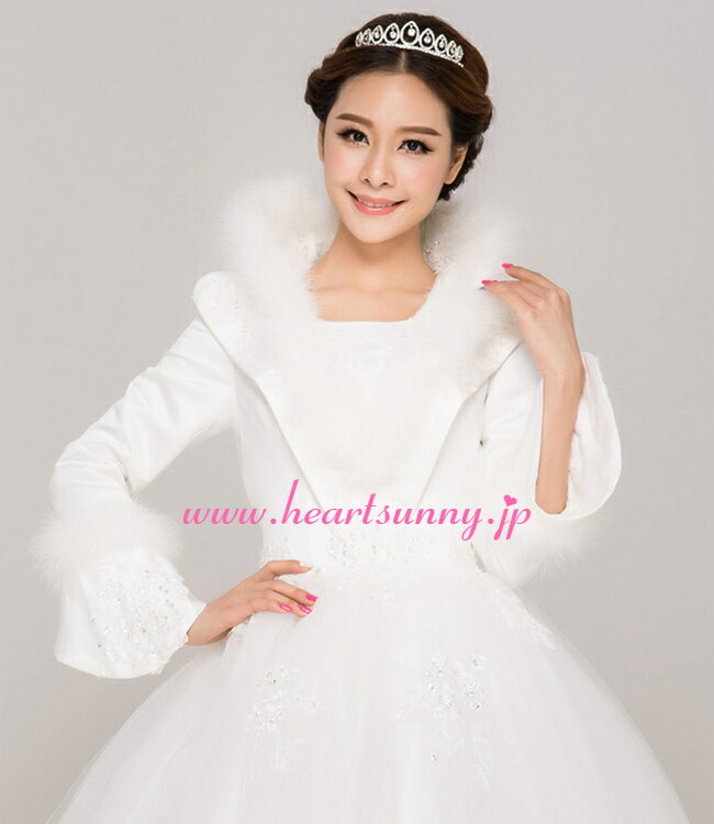 ウェディングドレス Aライン☆E054☆ファー付きハイネック 長袖 冬でも暖かい Vネック☆HeartSunny【RCP】サイズオーダーメイド/結婚式/披露宴/二次会/大きい/小さい/ロングウエディングドレス/パーティードレス/ブライダル/花嫁/格安/激安