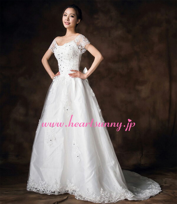 ウェディングドレス Aライン☆E083☆フレンチ袖 ダイヤ飾り 取り外せる蝶結び 編み上げ レース トレーン☆HeartSunny【RCP】サイズオーダーメイド/結婚式/披露宴/二次会/大きい/小さい/ロングウエディングドレス/パーティードレス/ブライダル/花嫁/格安/激安