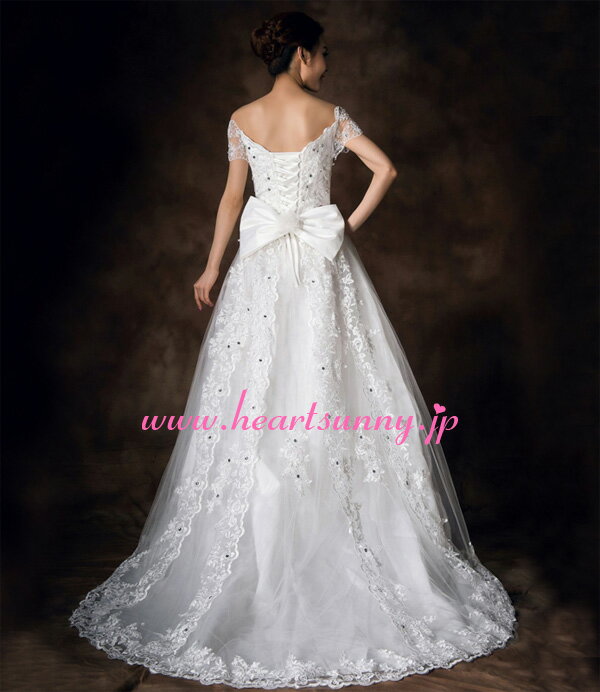 ウェディングドレス Aライン☆E083☆フレンチ袖 ダイヤ飾り 取り外せる蝶結び 編み上げ レース トレーン☆HeartSunny【RCP】サイズオーダーメイド/結婚式/披露宴/二次会/大きい/小さい/ロングウエディングドレス/パーティードレス/ブライダル/花嫁/格安/激安