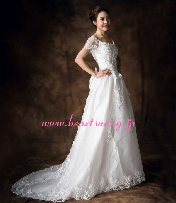 ウェディングドレス Aライン☆E083☆フレンチ袖 ダイヤ飾り 取り外せる蝶結び 編み上げ レース トレーン☆HeartSunny【RCP】サイズオーダーメイド/結婚式/披露宴/二次会/大きい/小さい/ロングウエディングドレス/パーティードレス/ブライダル/花嫁/格安/激安
