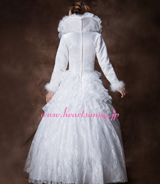 ウェディングドレス Aライン☆E098☆レースフリル 長袖 毛付き 秋冬タイプ ハイネックハートシェイプ☆HeartSunny【RCP】サイズオーダーメイド/結婚式/披露宴/二次会/大きい/小さい/ロングウエディングドレス/パーティードレス/ブライダル/花嫁/格安/激安