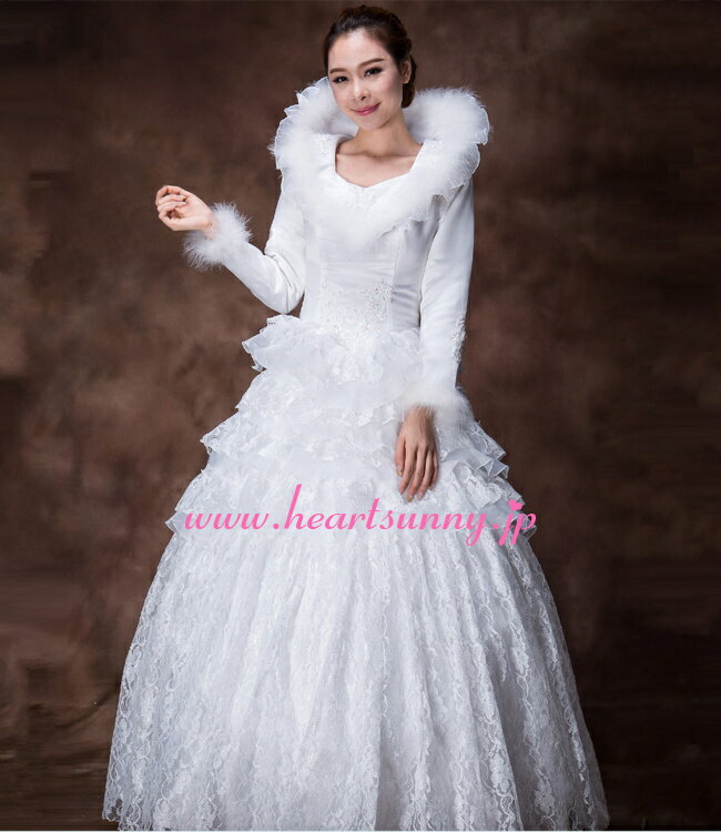 ウェディングドレス Aライン☆E098☆レースフリル 長袖 毛付き 秋冬タイプ ハイネックハートシェイプ☆HeartSunny【RCP】サイズオーダーメイド/結婚式/披露宴/二次会/大きい/小さい/ロングウエディングドレス/パーティードレス/ブライダル/花嫁/格安/激安