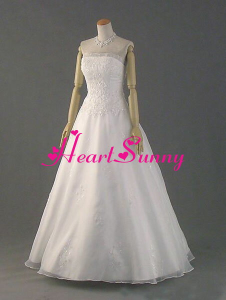 ウェディングドレス Aライン☆D006☆オーガンジー 花柄レース☆HeartSunny【RCP】サイズオーダーメイド/結婚式/披露宴/二次会/大きい/小さい/ロングウエディングドレス/パーティードレス/ブライダル/花嫁/格安/激安